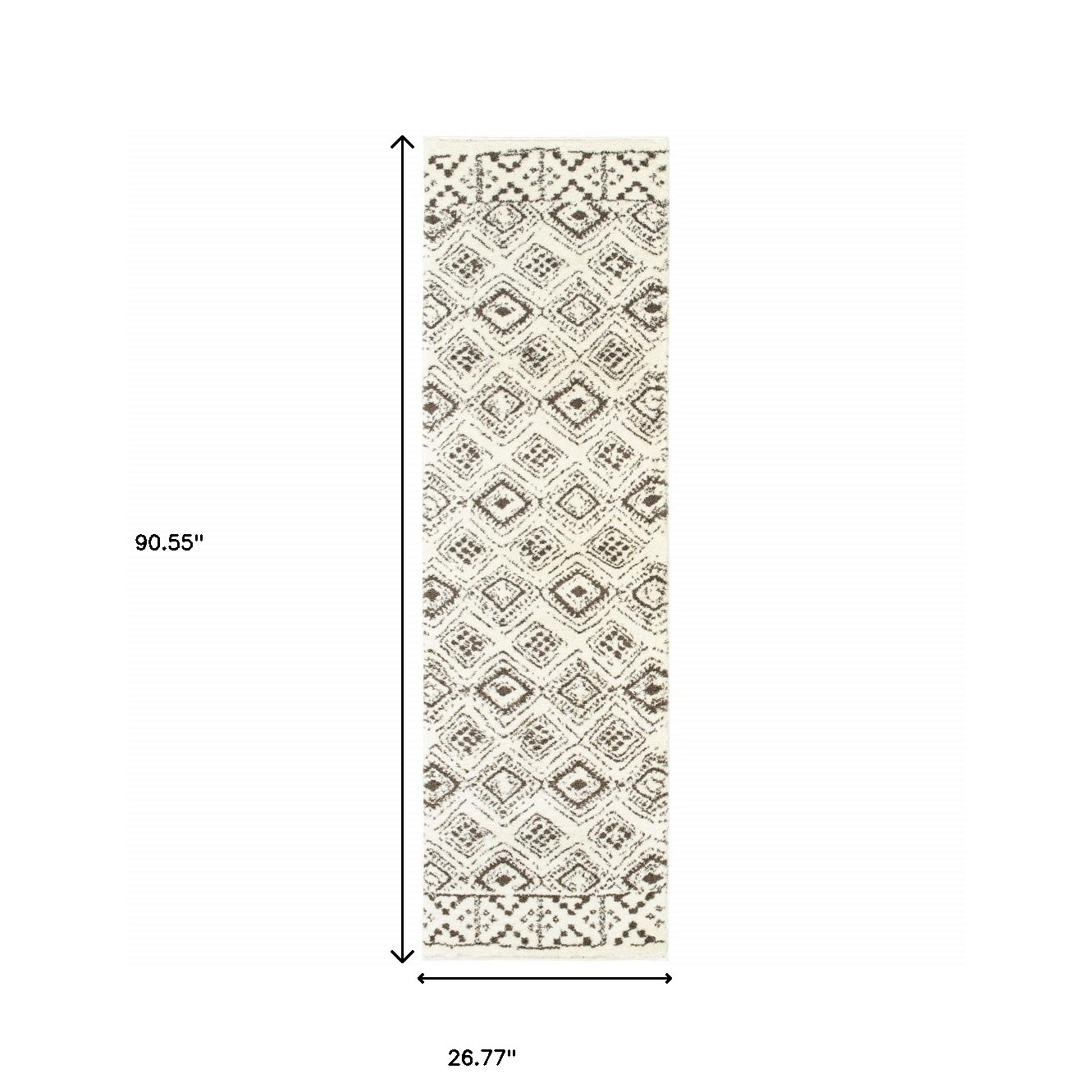 2" X 8" Ivory And Brown Geometric Shag Power Loom Stain Resistant Runner Rug
