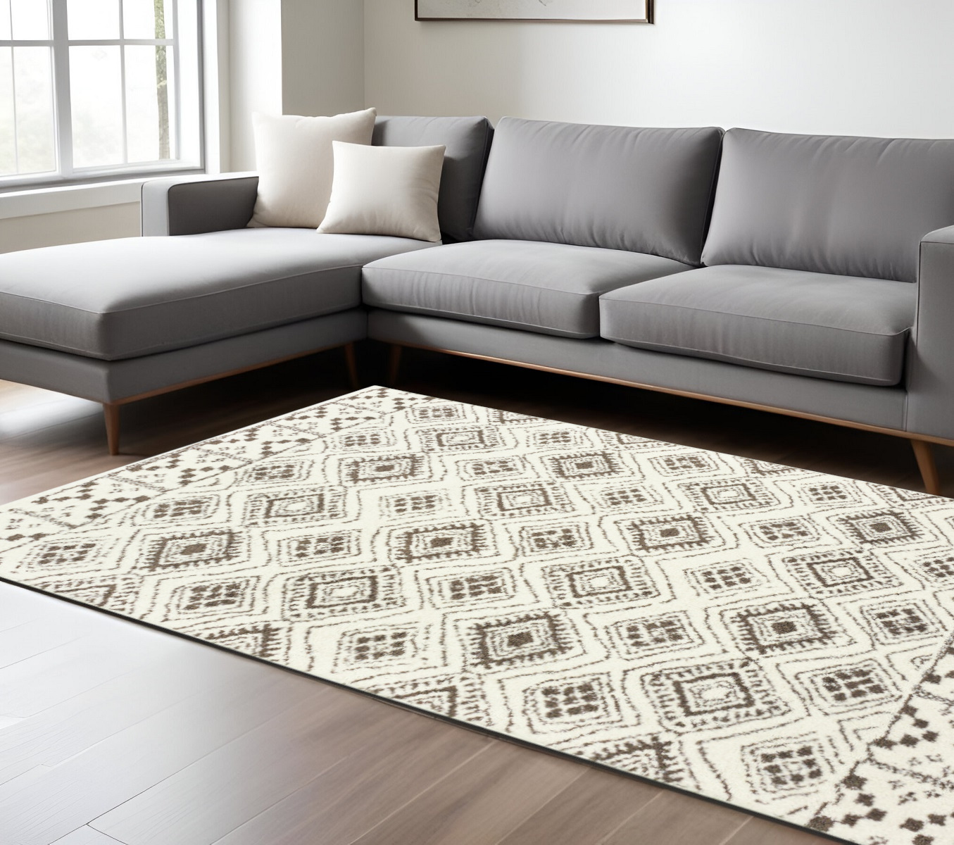 8" X 11" Ivory And Brown Geometric Shag Power Loom Stain Resistant Area Rug