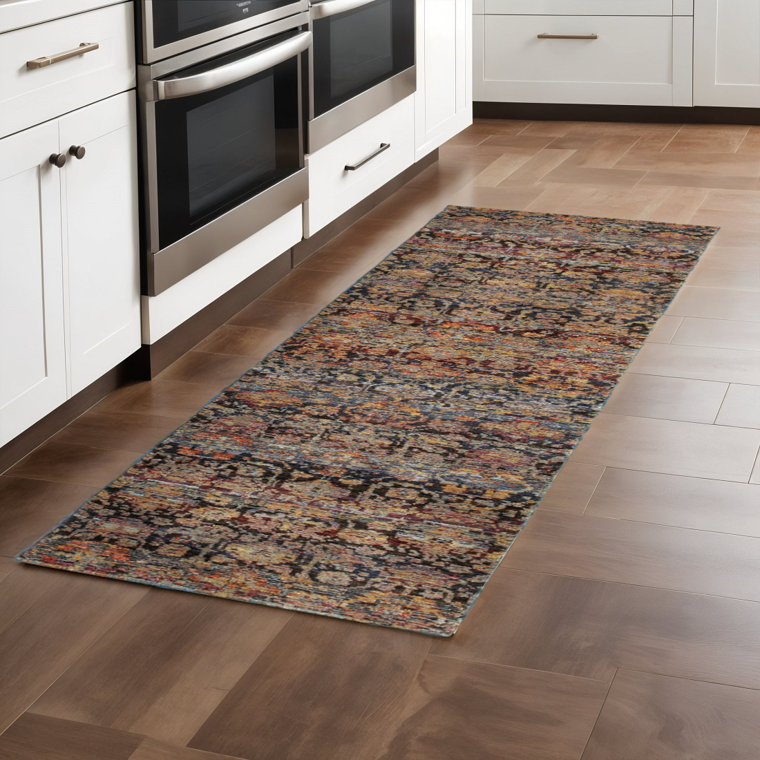 8' Blue And Ivory Abstract Runner Rug-509951-1