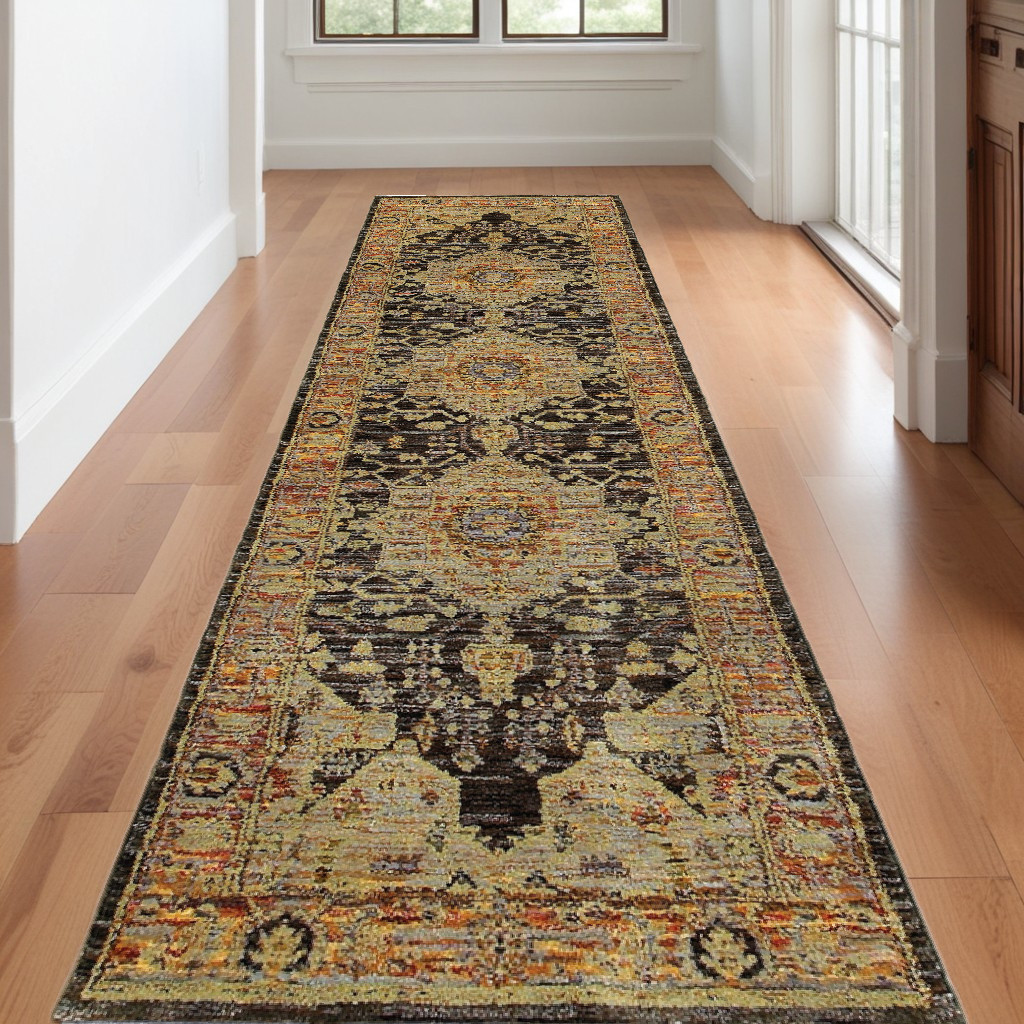12' Gold And Gray Oriental Runner Rug-510124-1