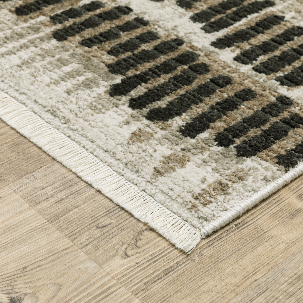 2" X 8" Beige Ivory Charcoal Brown Tan And Grey Abstract Power Loom Stain Resistant Runner Rug With Fringe
