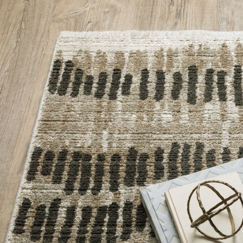 2" X 8" Beige Ivory Charcoal Brown Tan And Grey Abstract Power Loom Stain Resistant Runner Rug With Fringe