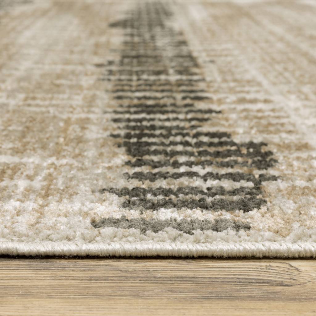 2" X 8" Beige Ivory Charcoal Brown Tan And Grey Abstract Power Loom Stain Resistant Runner Rug With Fringe