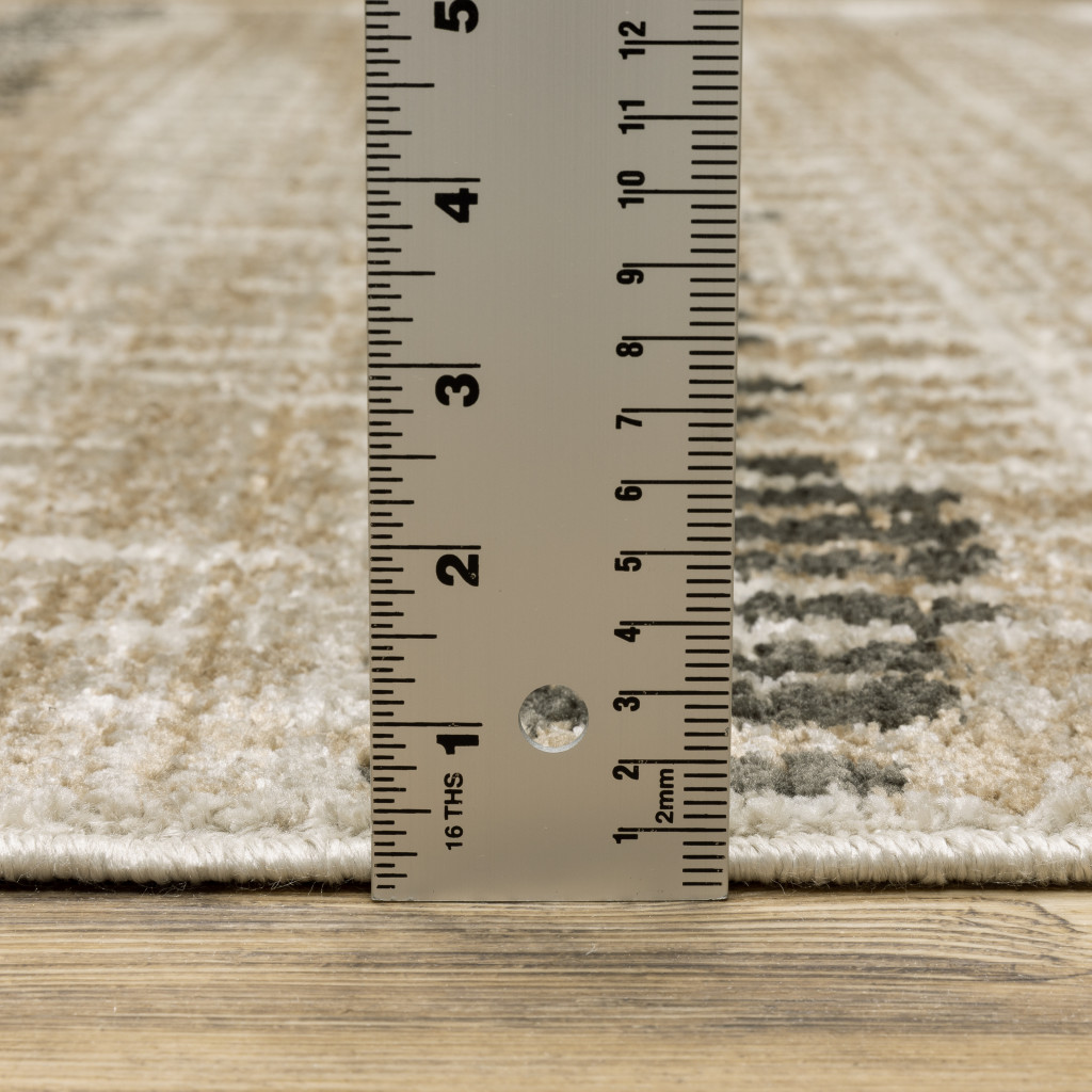 2" X 8" Beige Ivory Charcoal Brown Tan And Grey Abstract Power Loom Stain Resistant Runner Rug With Fringe