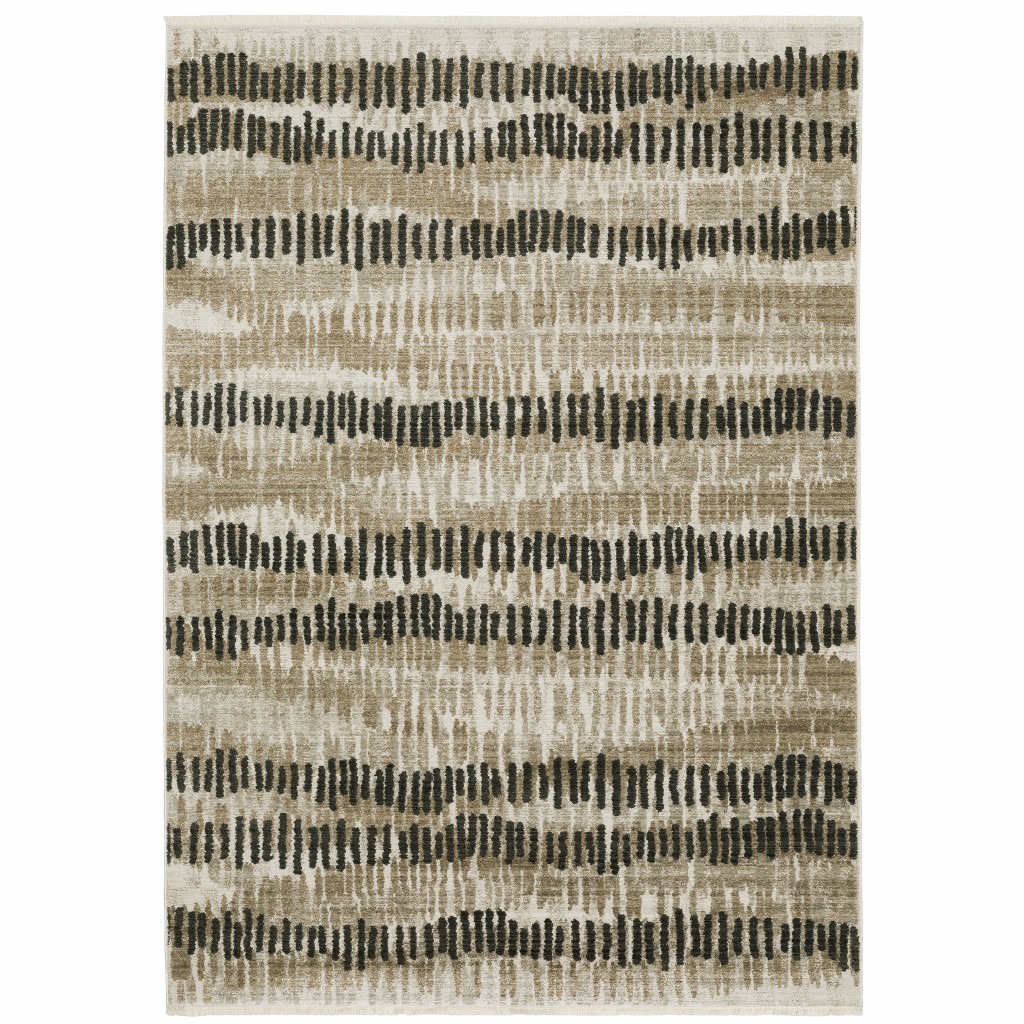 5" X 8" Beige Ivory Charcoal Brown Tan And Grey Abstract Power Loom Stain Resistant Area Rug With Fringe