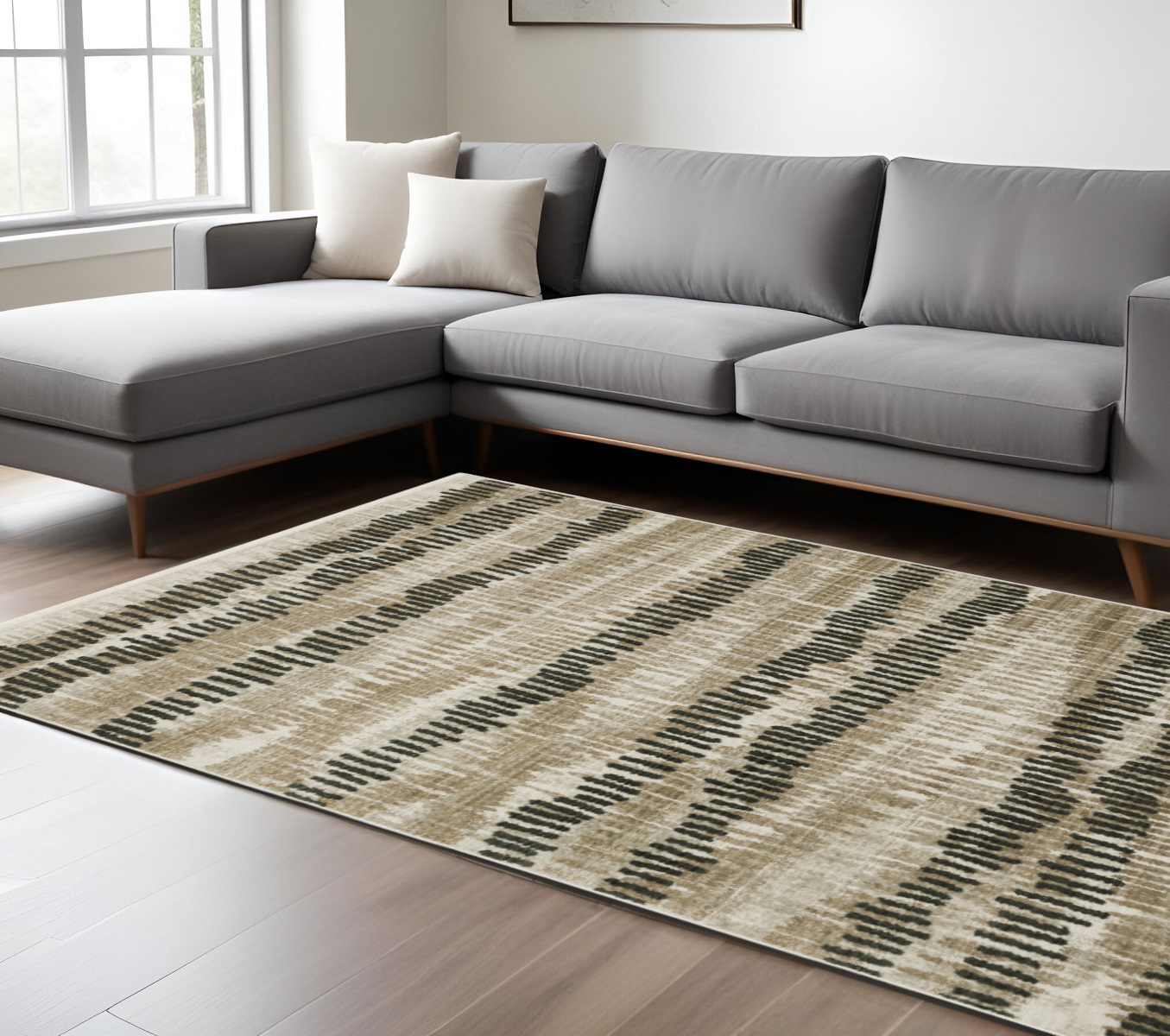 6" X 9" Beige Ivory Charcoal Brown Tan And Grey Abstract Power Loom Stain Resistant Area Rug With Fringe