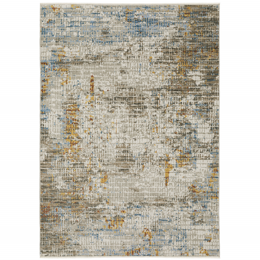 5" X 8" Beige Grey Brown Gold Red And Blue Abstract Power Loom Stain Resistant Area Rug With Fringe