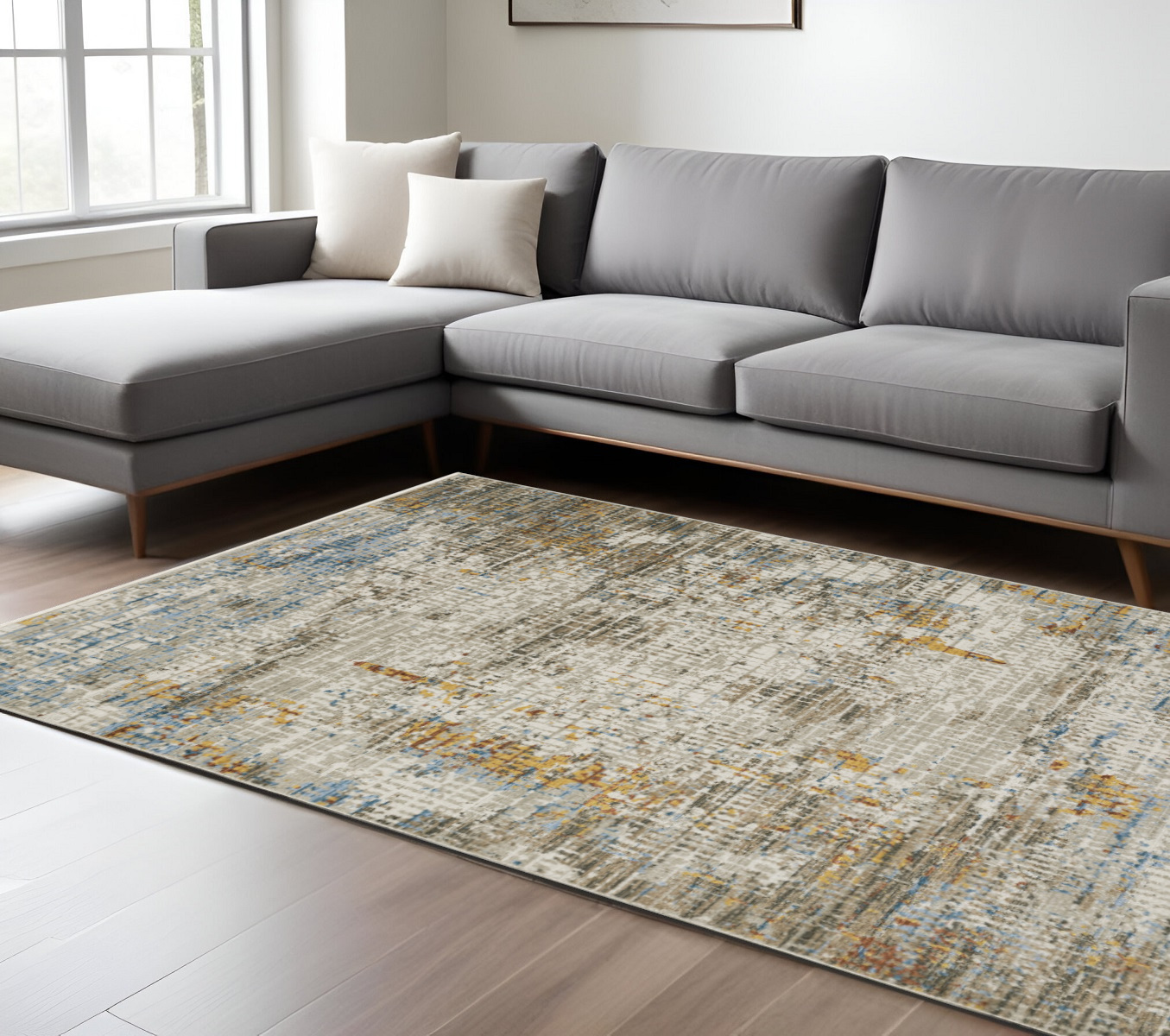 10" X 13" Beige Grey Brown Gold Red And Blue Abstract Power Loom Stain Resistant Area Rug With Fringe