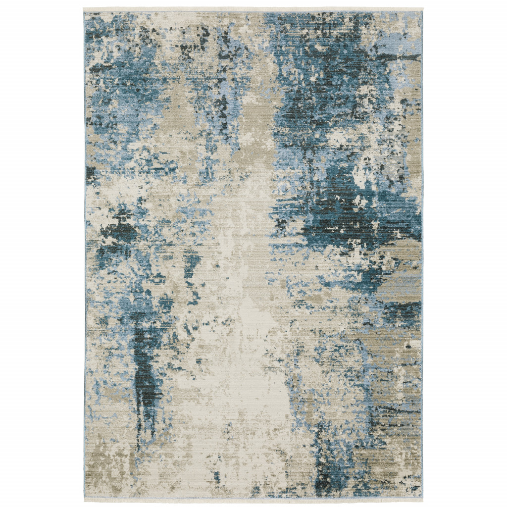 4" X 6" Blue Grey Ivory Light Blue And Dark Blue Abstract Power Loom Stain Resistant Area Rug With Fringe