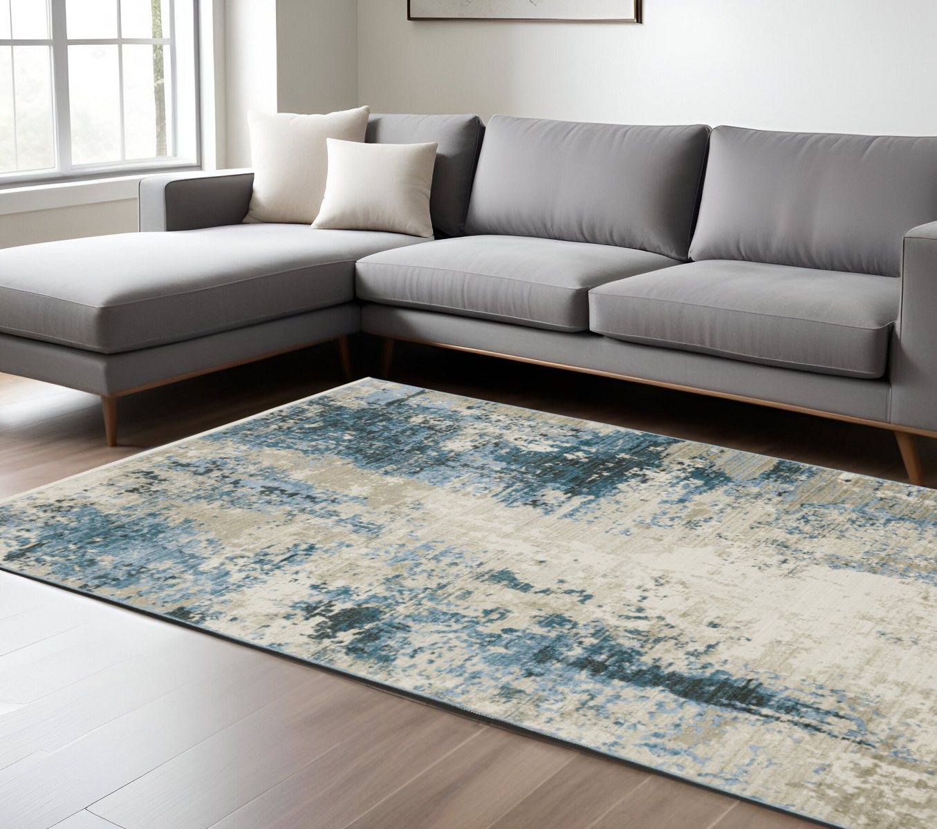 6" X 9" Blue Grey Ivory Light Blue And Dark Blue Abstract Power Loom Stain Resistant Area Rug With Fringe