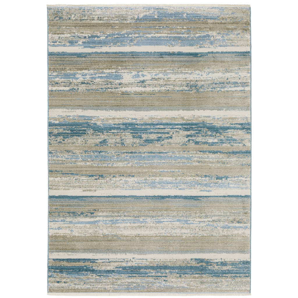 8" X 11" Ivory Beige Grey Blue And Tan Abstract Power Loom Stain Resistant Area Rug With Fringe