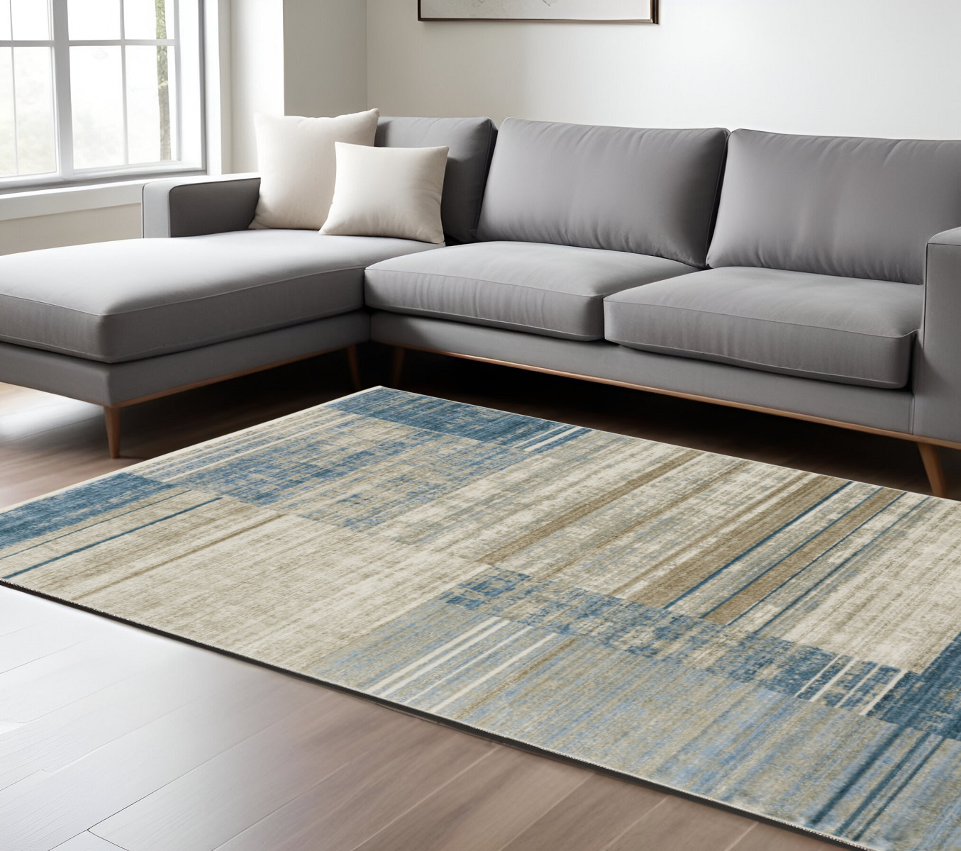 10" X 13" Blue Dark Blue Teal Grey Ivory Beige And Tan Geometric Power Loom Stain Resistant Area Rug With Fringe