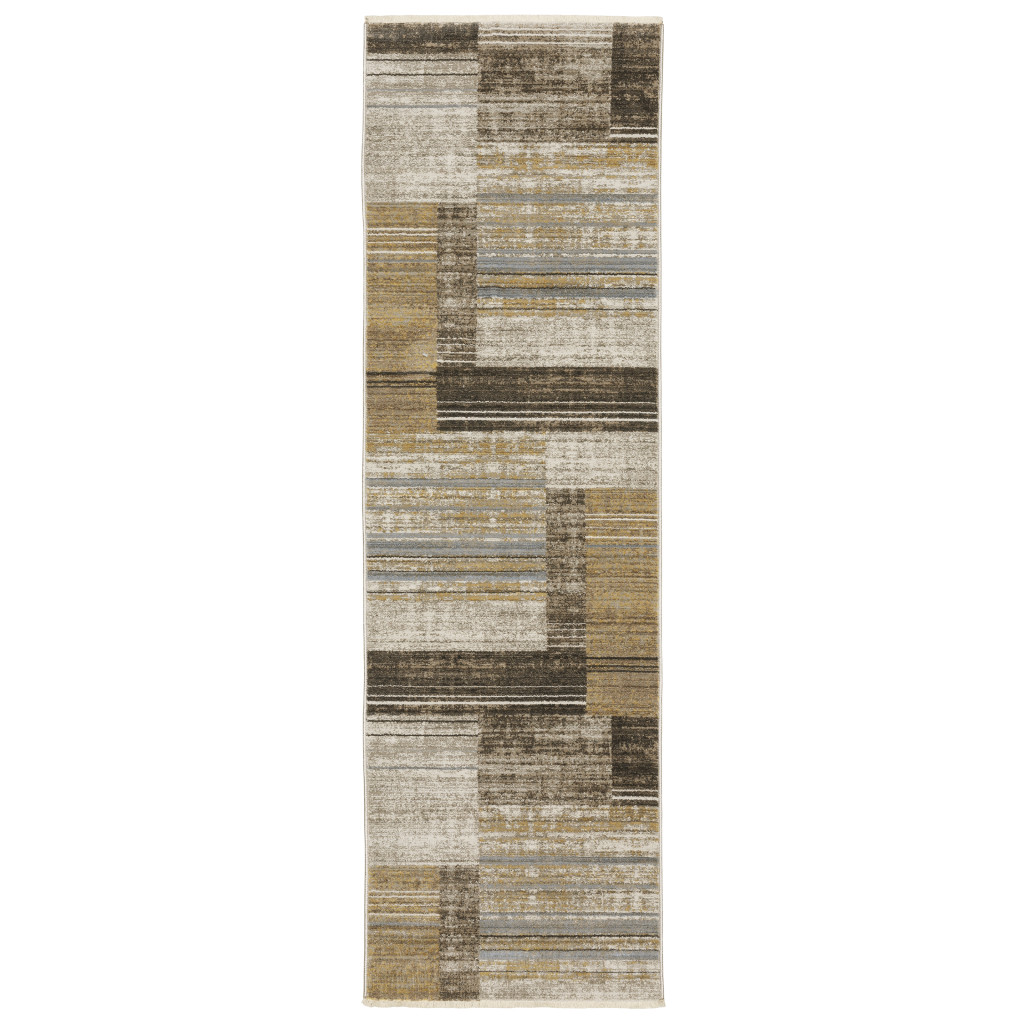8" Beige and Charcoal Geometric Power Loom Runner Rug