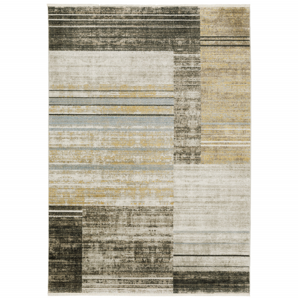 6" X 9" Beige Charcoal Brown Grey Tan Gold And Blue Geometric Power Loom Stain Resistant Area Rug With Fringe