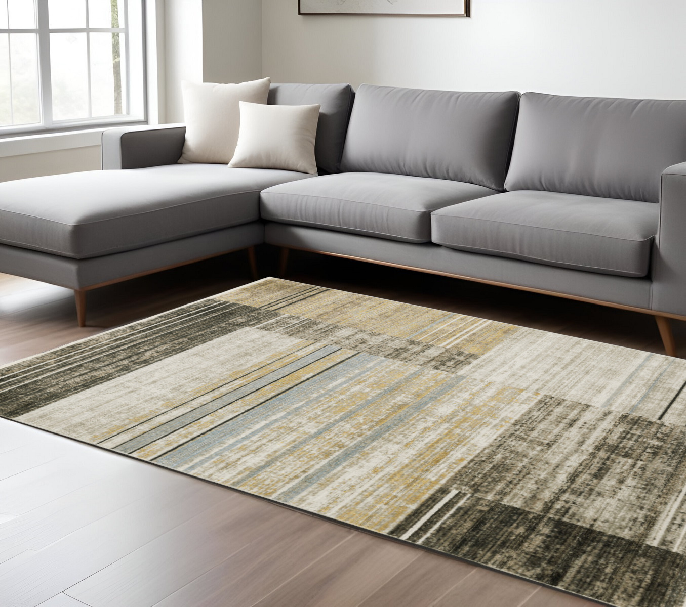 10" X 13" Beige Charcoal Brown Grey Tan Gold And Blue Geometric Power Loom Stain Resistant Area Rug With Fringe