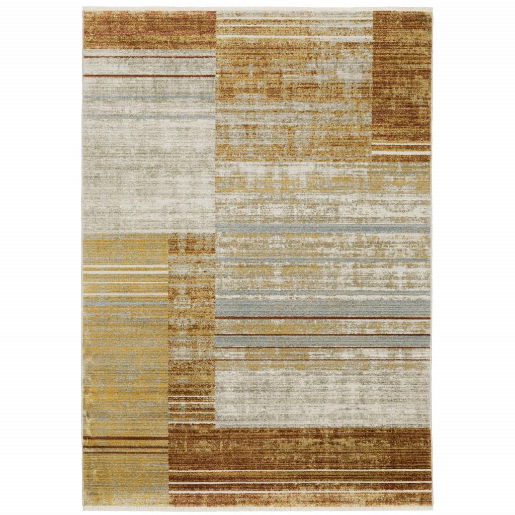 4" X 6" Rust Gold Blue Grey Ivory And Tan Geometric Power Loom Stain Resistant Area Rug With Fringe