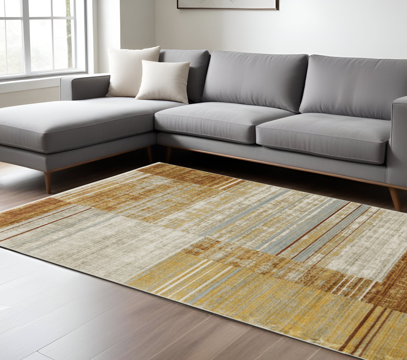8" X 11" Rust Gold Blue Grey Ivory And Tan Geometric Power Loom Stain Resistant Area Rug With Fringe