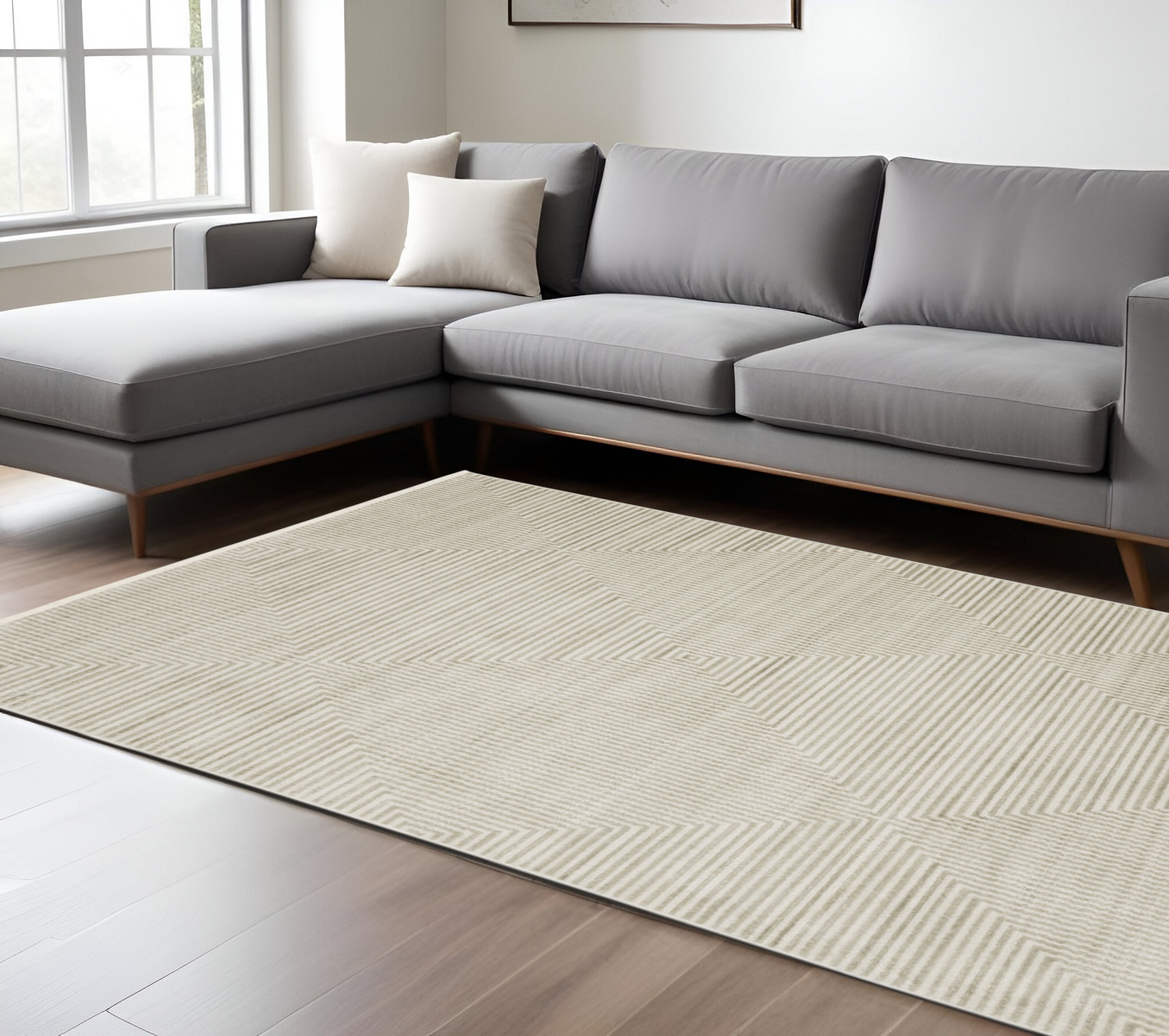 10" X 13" Ivory Beige Taupe And Tan Geometric Power Loom Stain Resistant Area Rug With Fringe