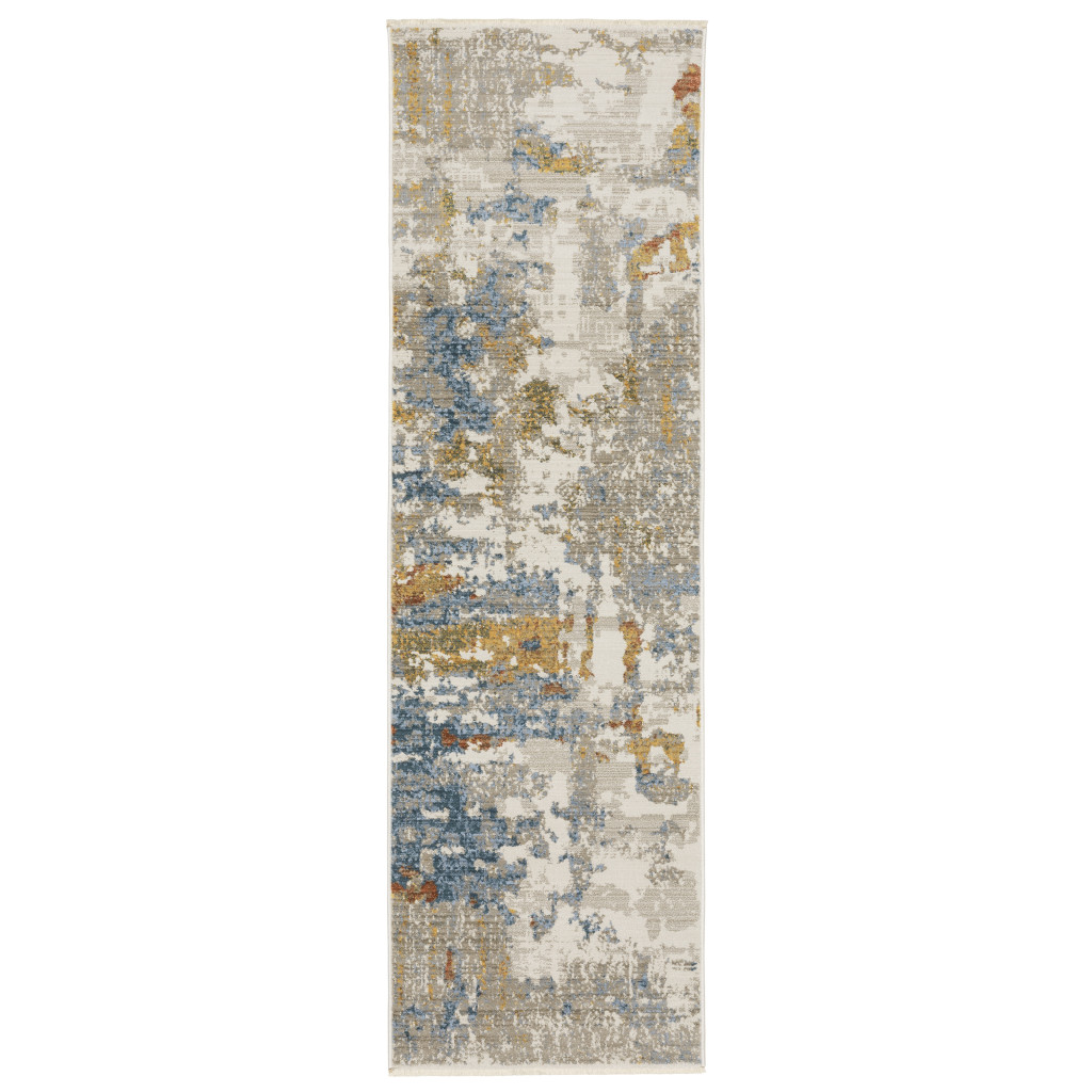 8" Beige Grey Gold Blue Rust And Teal Abstract Power Loom Runner Rug With Fringe