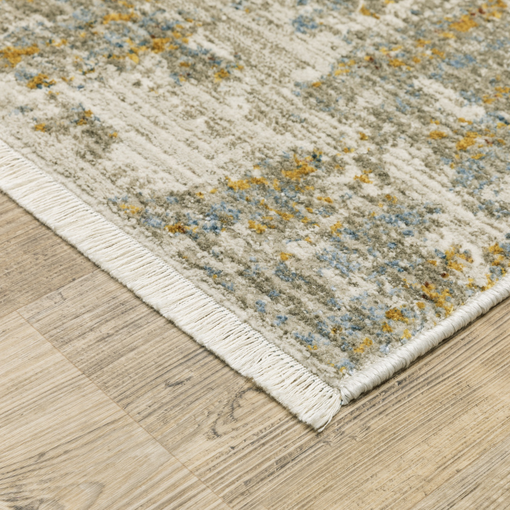 8" Beige Grey Gold Blue Rust And Teal Abstract Power Loom Runner Rug With Fringe