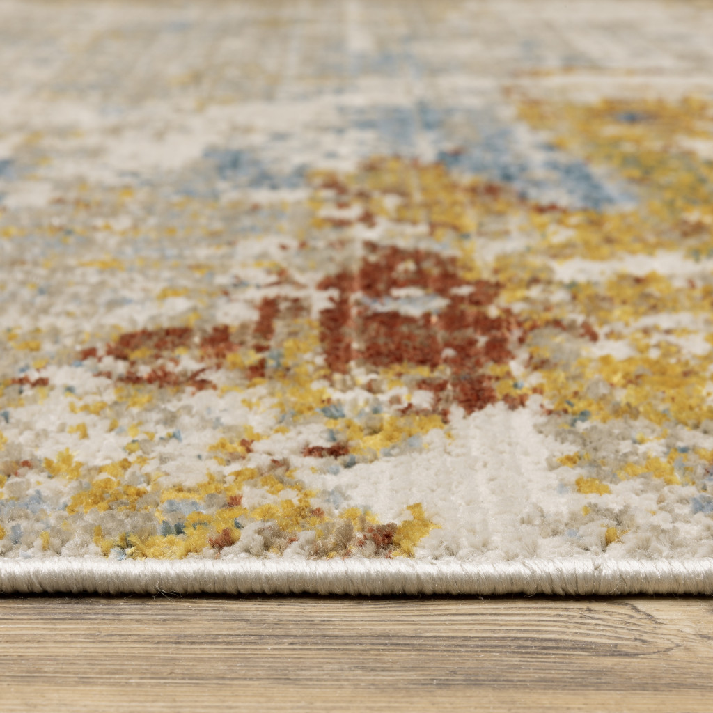 8" Beige Grey Gold Blue Rust And Teal Abstract Power Loom Runner Rug With Fringe