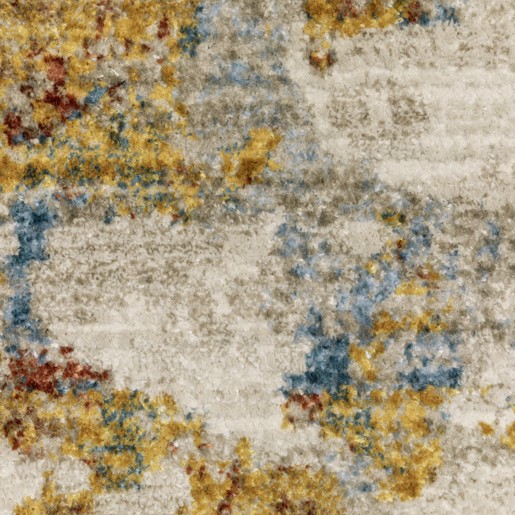 8" Beige Grey Gold Blue Rust And Teal Abstract Power Loom Runner Rug With Fringe