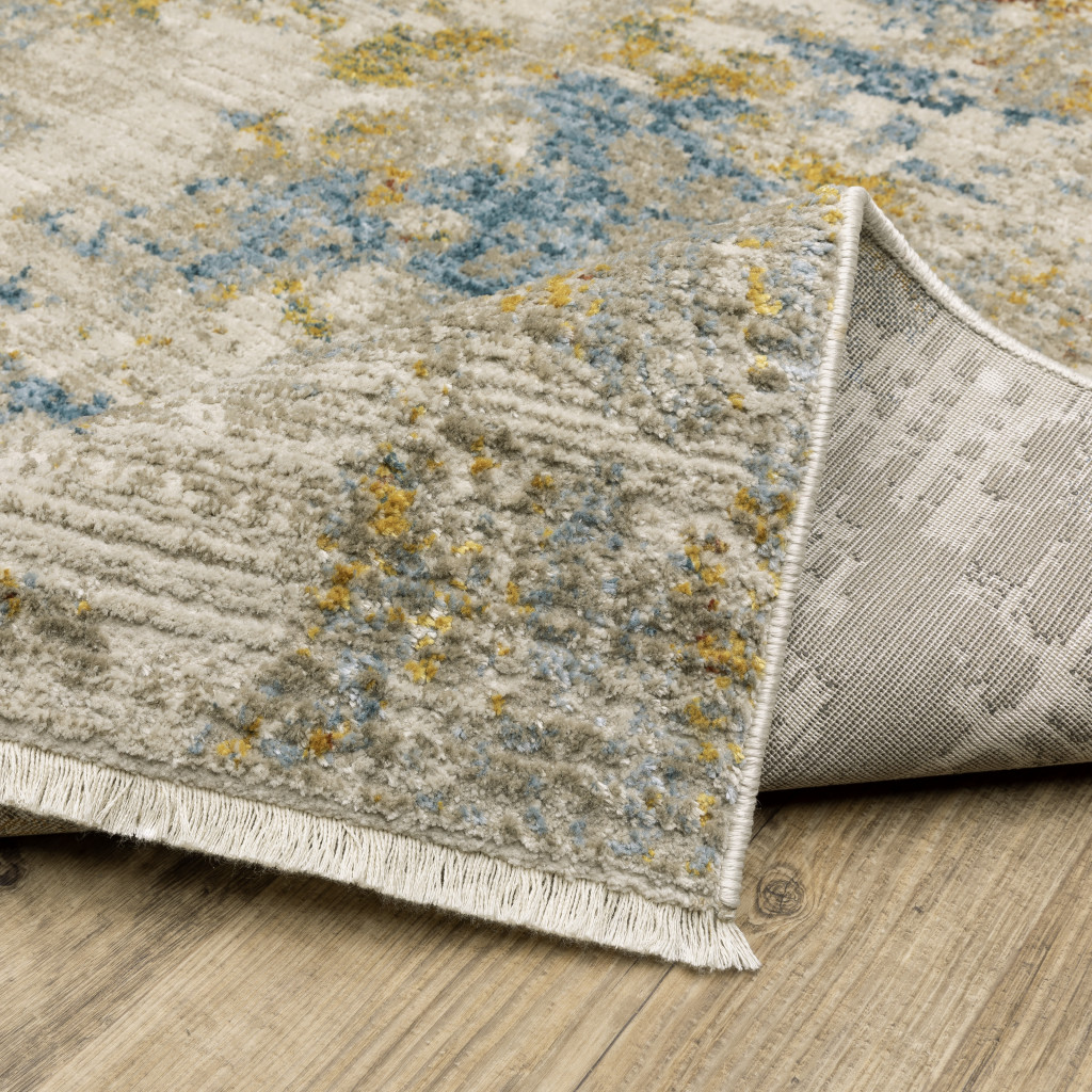 8" Beige Grey Gold Blue Rust And Teal Abstract Power Loom Runner Rug With Fringe