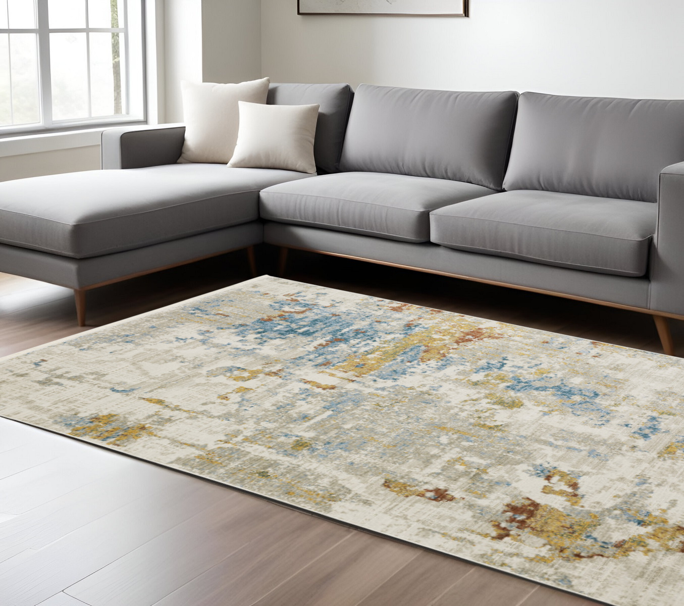 6" X 9" Beige Grey Gold Blue Rust And Teal Abstract Power Loom Stain Resistant Area Rug With Fringe
