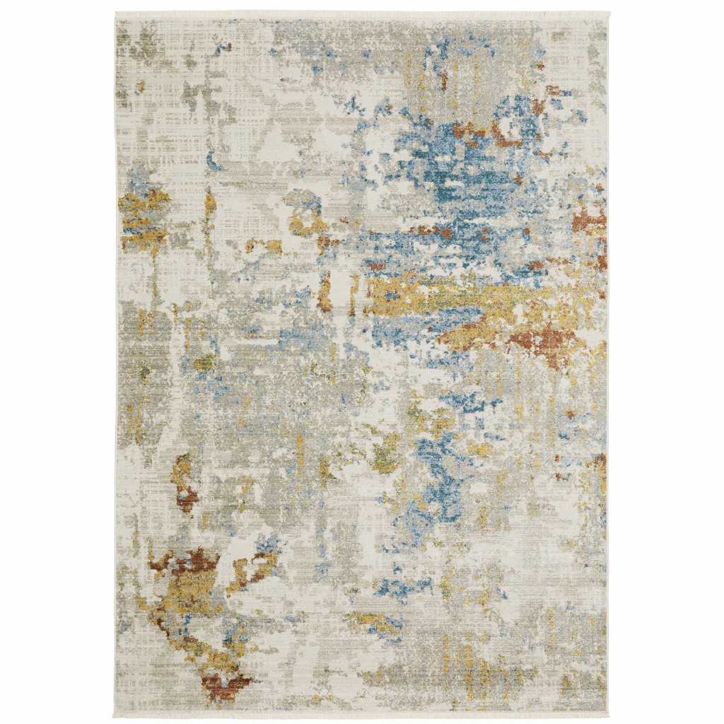 10" X 13" Blue and Beige Abstract Power Loom Area Rug With Fringe