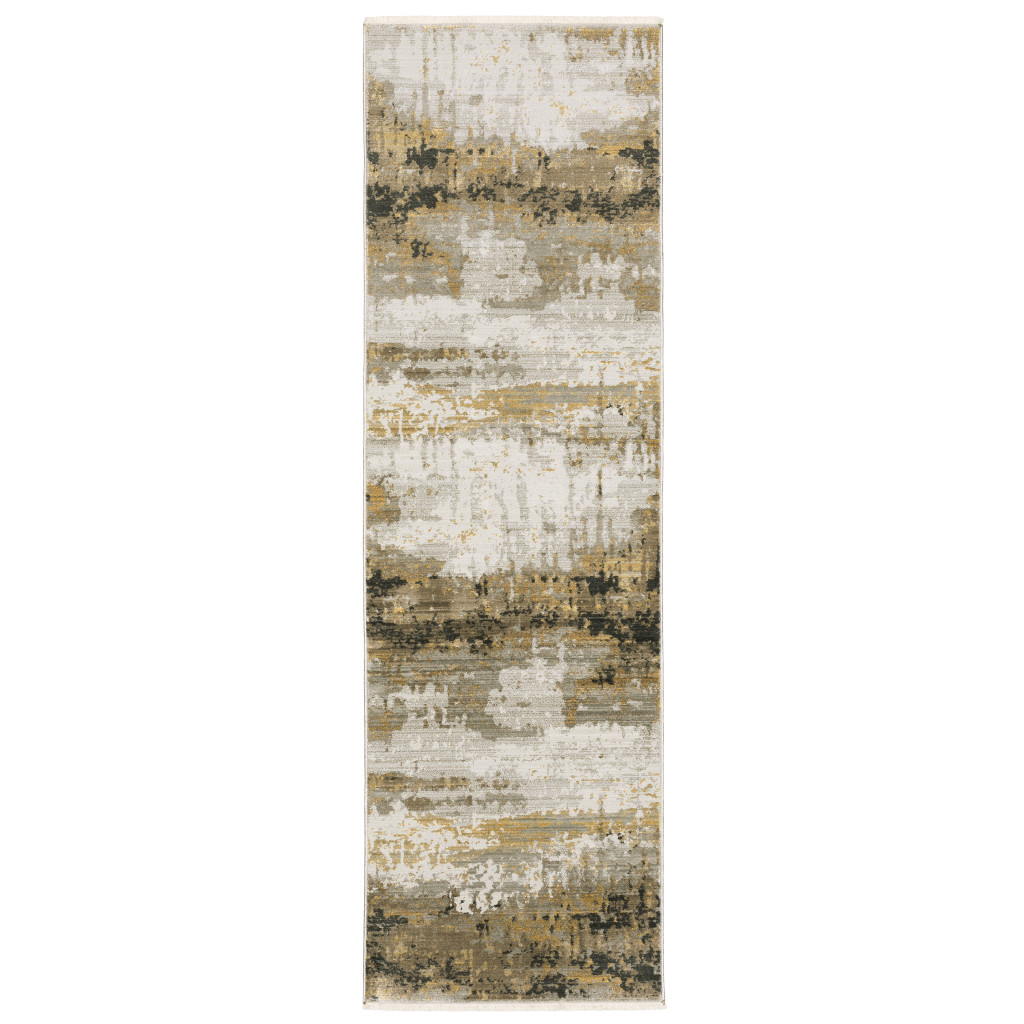 8" Grey Gold Black Charcoal And Beige Abstract Power Loom Runner Rug With Fringe