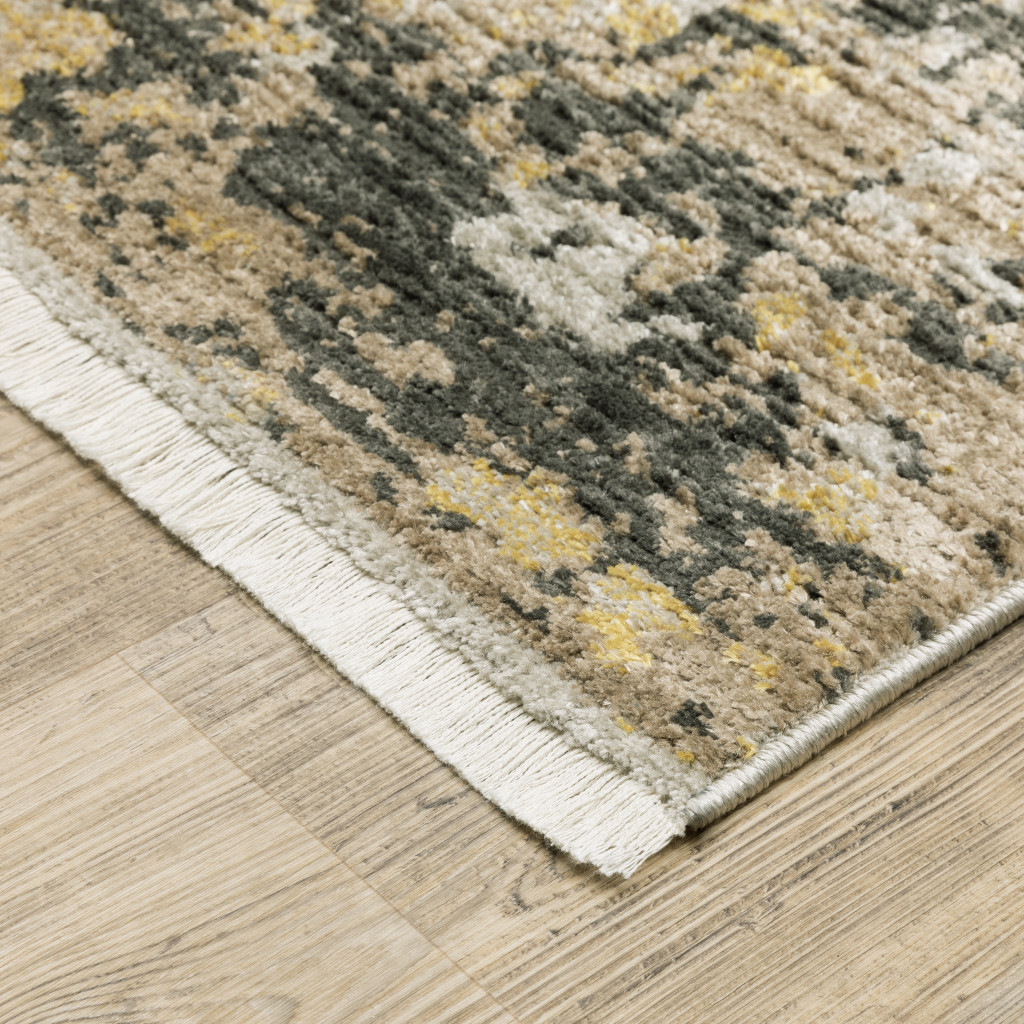 8" Grey Gold Black Charcoal And Beige Abstract Power Loom Runner Rug With Fringe