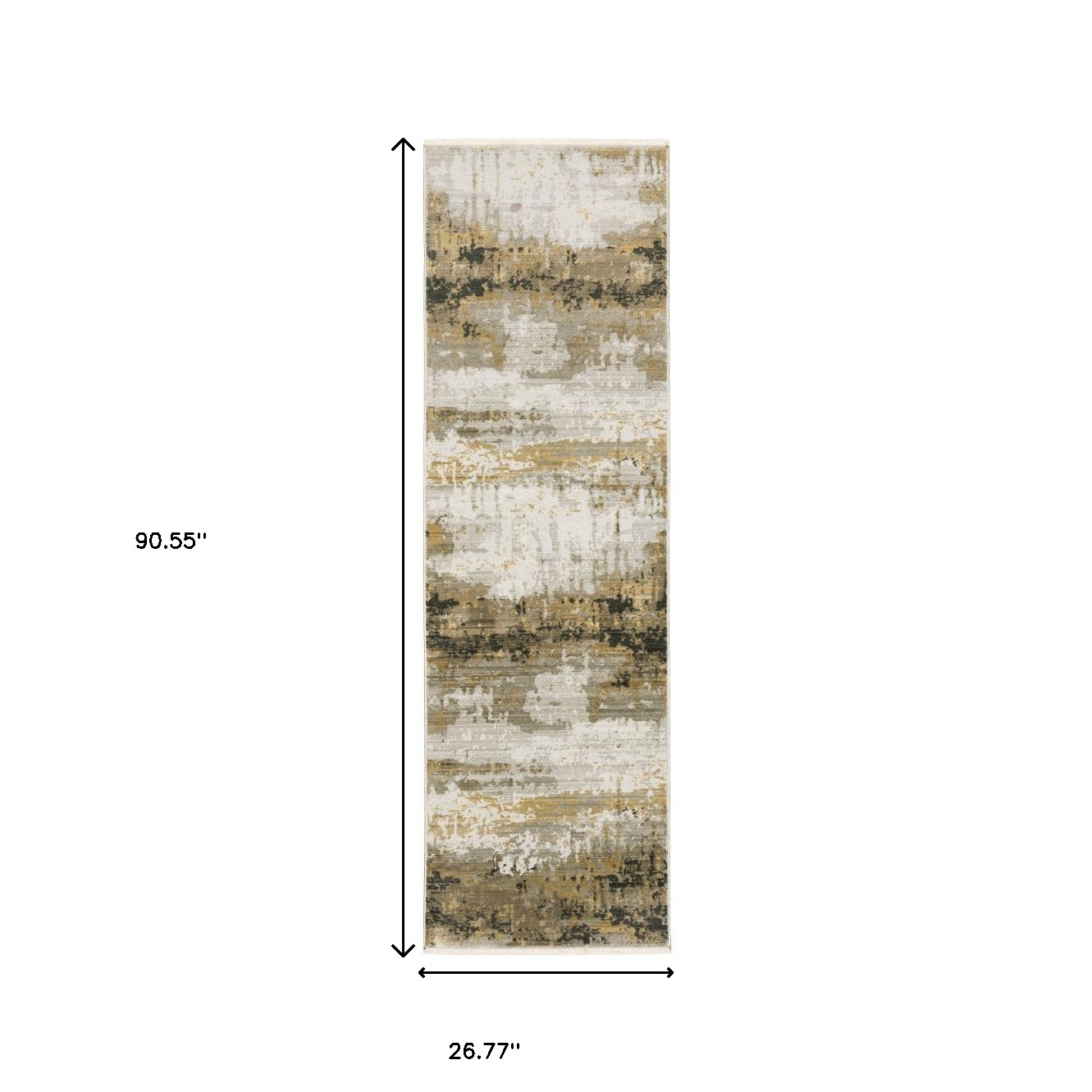 8" Grey Gold Black Charcoal And Beige Abstract Power Loom Runner Rug With Fringe