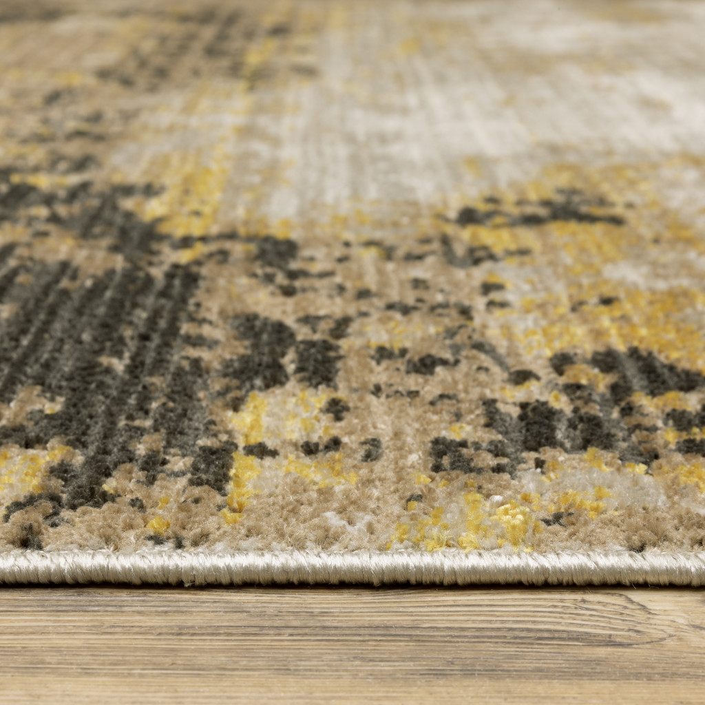 8" Grey Gold Black Charcoal And Beige Abstract Power Loom Runner Rug With Fringe