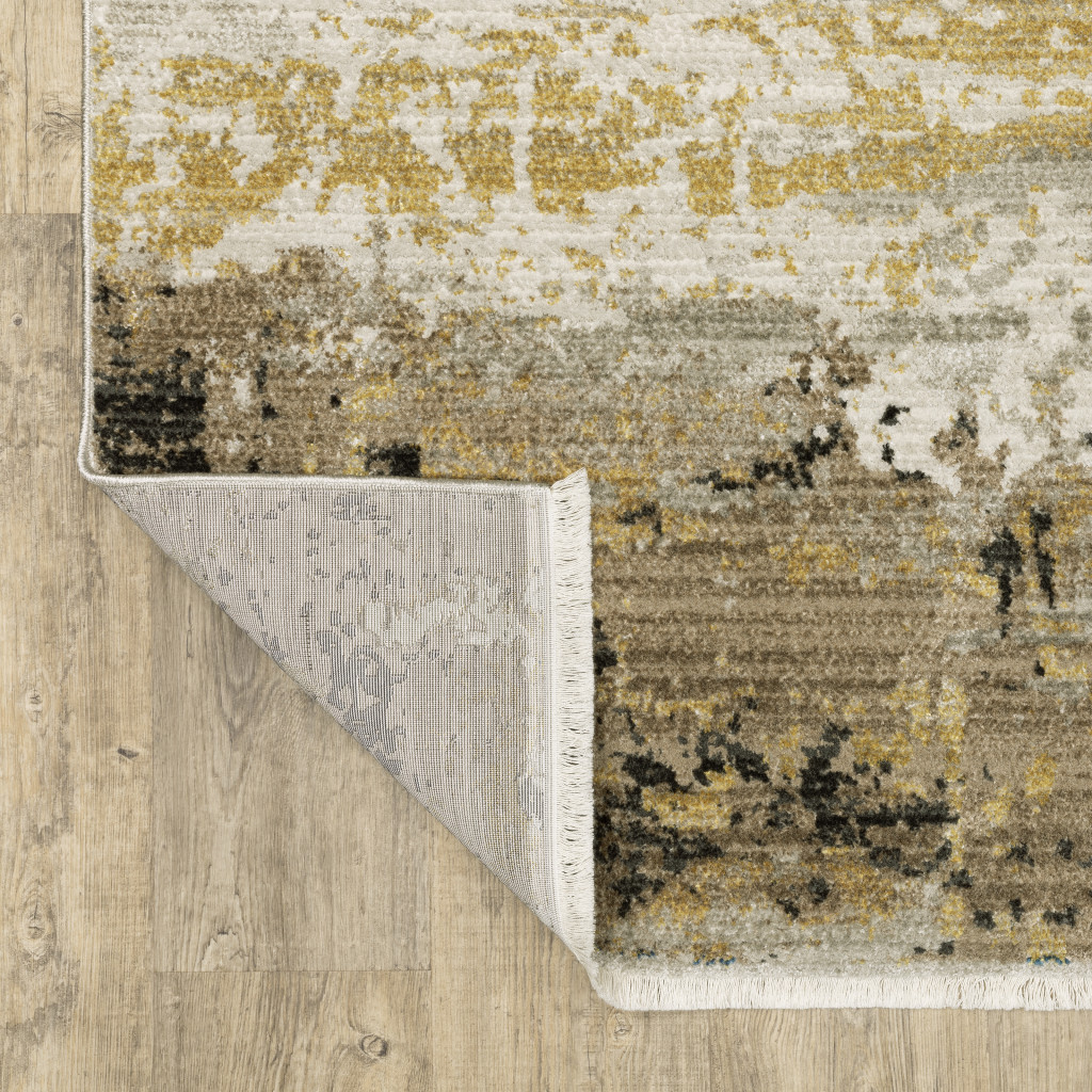 8" Grey Gold Black Charcoal And Beige Abstract Power Loom Runner Rug With Fringe