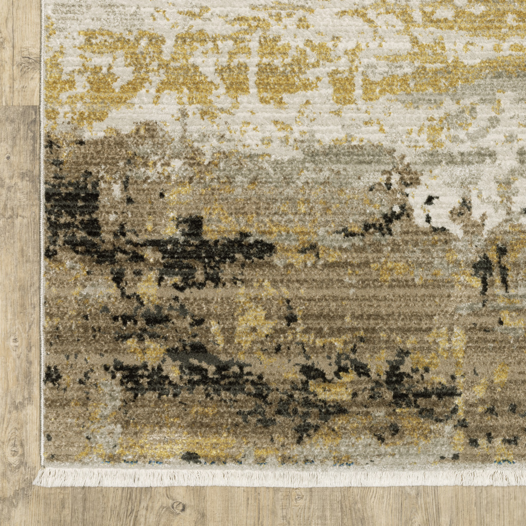 8" Grey Gold Black Charcoal And Beige Abstract Power Loom Runner Rug With Fringe