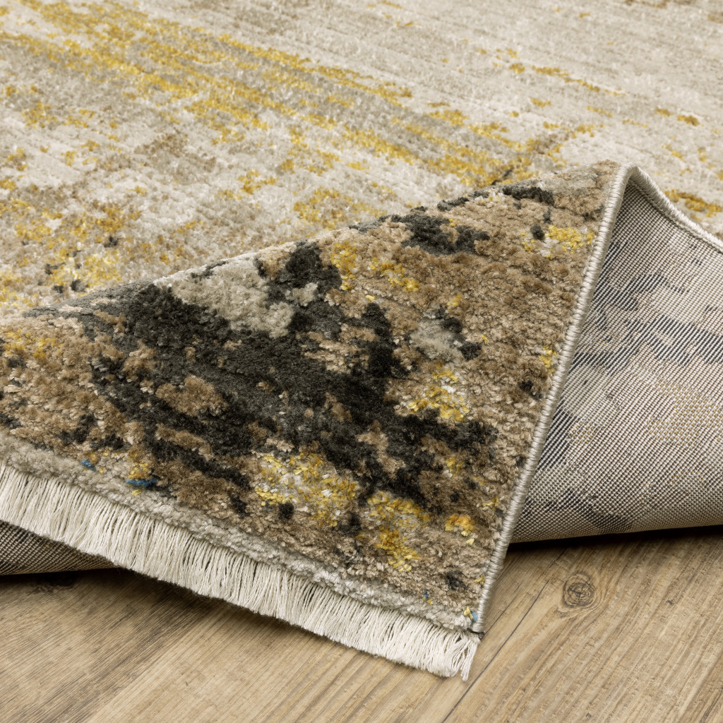 8" Grey Gold Black Charcoal And Beige Abstract Power Loom Runner Rug With Fringe