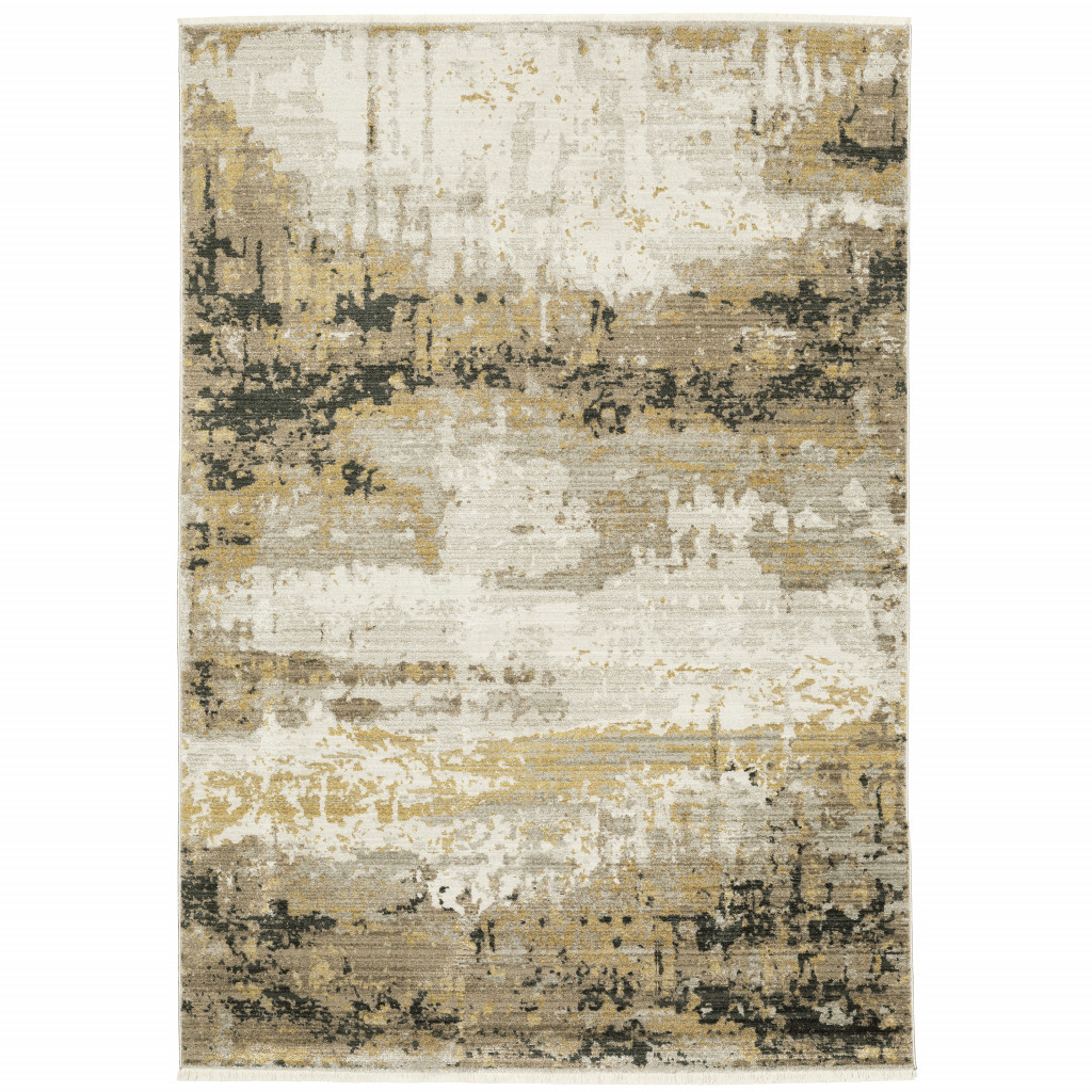 5" X 8" Grey Gold Black Charcoal And Beige Abstract Power Loom Stain Resistant Area Rug With Fringe