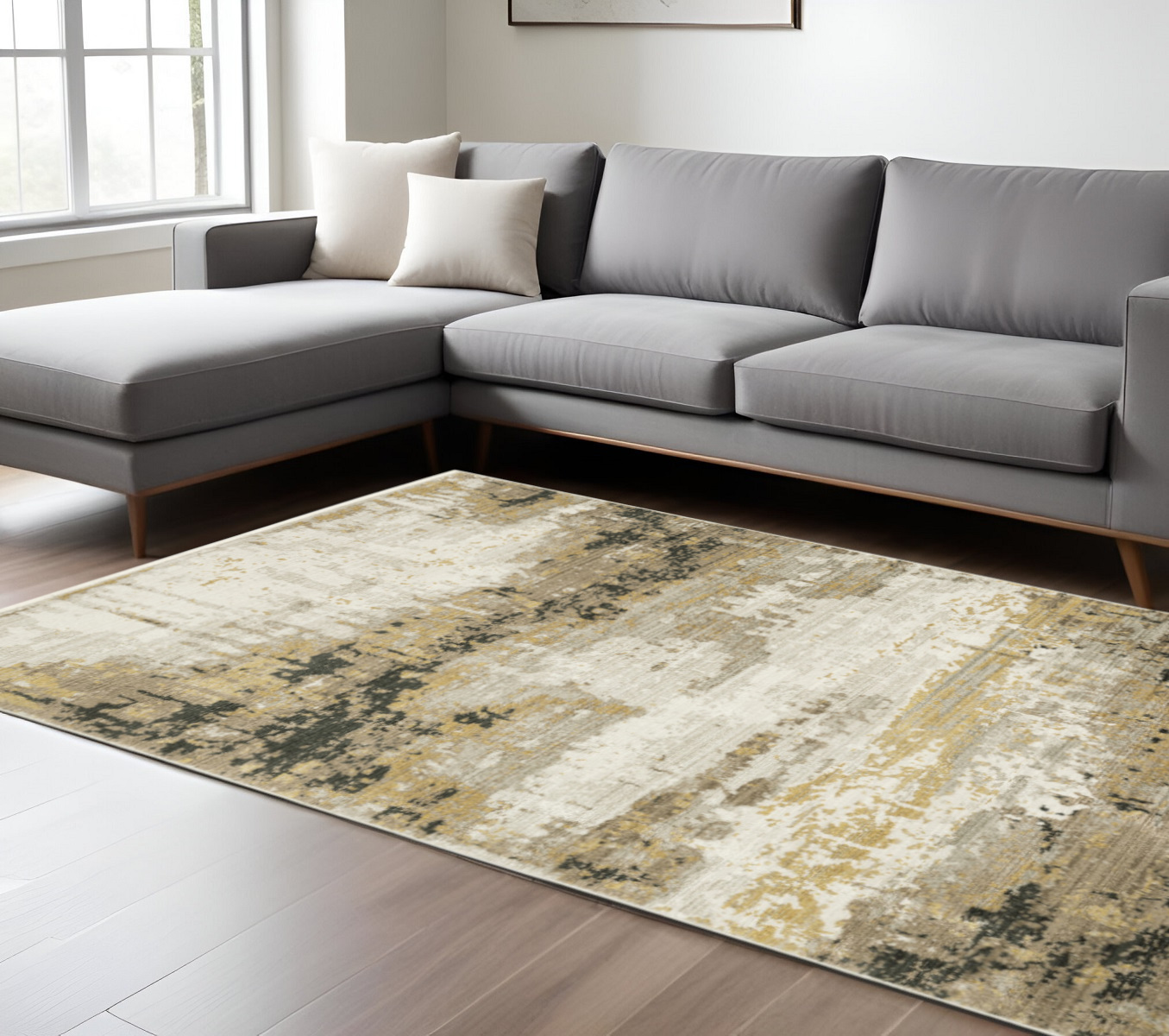 8" X 11" Gray and Black Abstract Power Loom Area Rug With Fringe