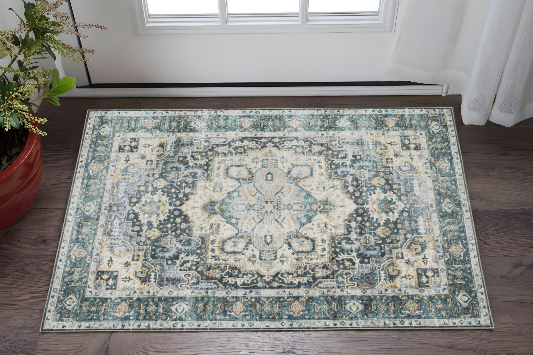 2' X 3' Blue And Ivory Oriental Distressed Area Rug-510361-1