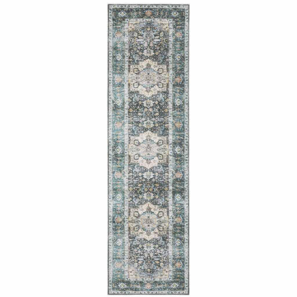 2" X 8" Blue Ivory Teal Brown And Gold Oriental Printed Stain Resistant Non Skid Runner Rug
