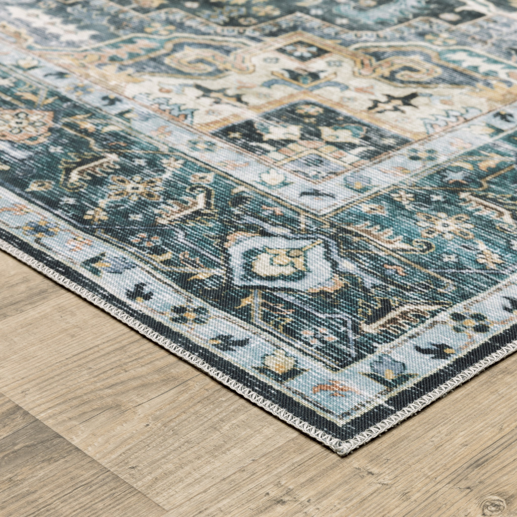 2" X 8" Blue Ivory Teal Brown And Gold Oriental Printed Stain Resistant Non Skid Runner Rug