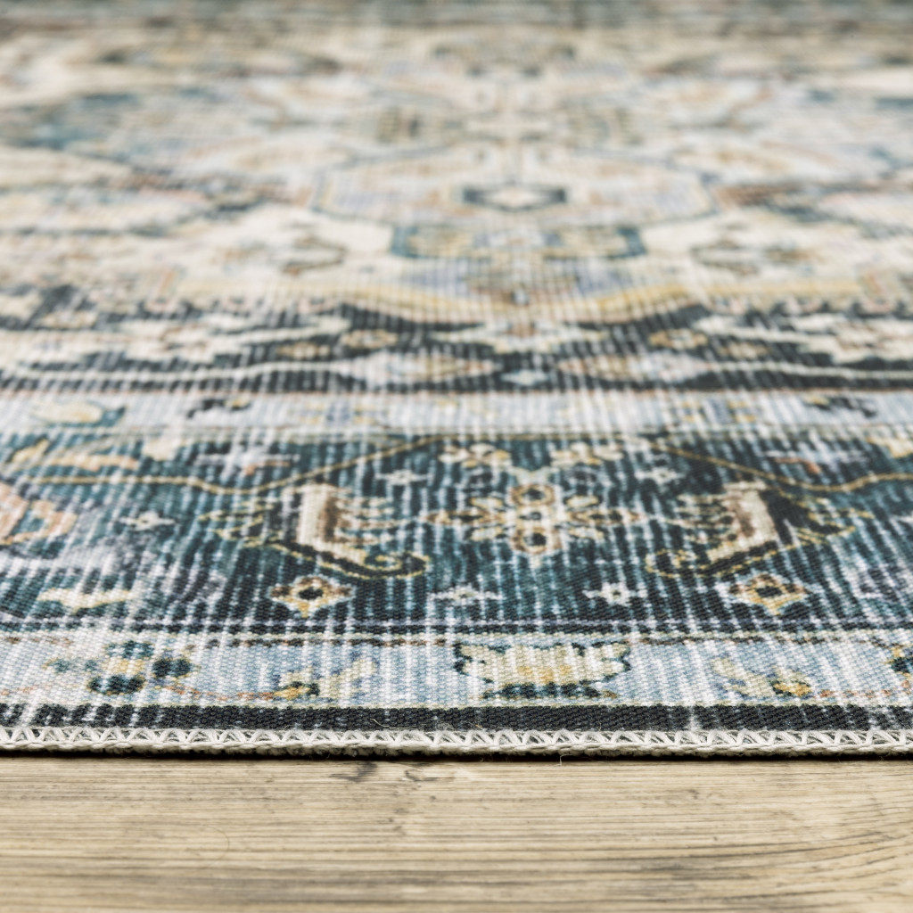 2" X 8" Blue Ivory Teal Brown And Gold Oriental Printed Stain Resistant Non Skid Runner Rug