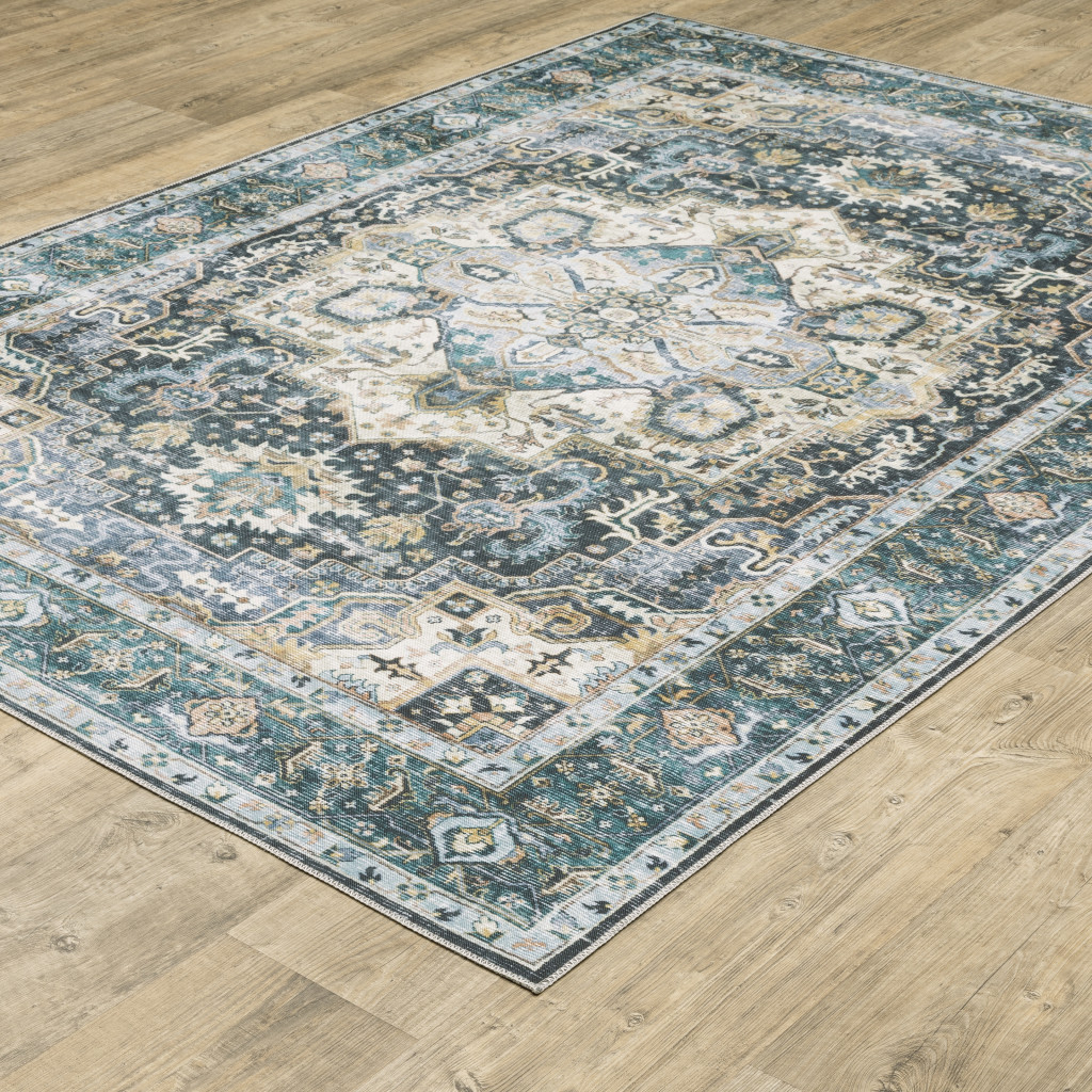 2" X 8" Blue Ivory Teal Brown And Gold Oriental Printed Stain Resistant Non Skid Runner Rug