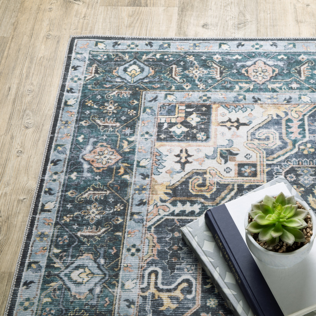 2" X 8" Blue Ivory Teal Brown And Gold Oriental Printed Stain Resistant Non Skid Runner Rug