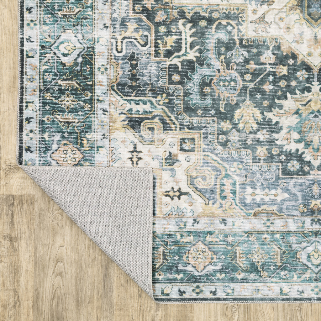 2" X 8" Blue Ivory Teal Brown And Gold Oriental Printed Stain Resistant Non Skid Runner Rug