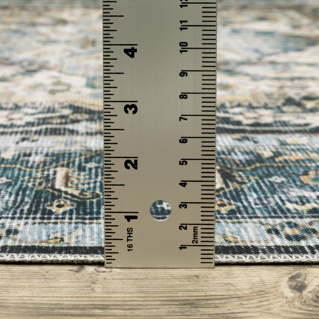 2" X 8" Blue Ivory Teal Brown And Gold Oriental Printed Stain Resistant Non Skid Runner Rug