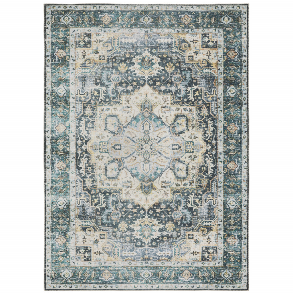 4' X 6' Blue Ivory Teal Brown And Gold Oriental Printed Stain Resistant Non Skid Area Rug-510363-1