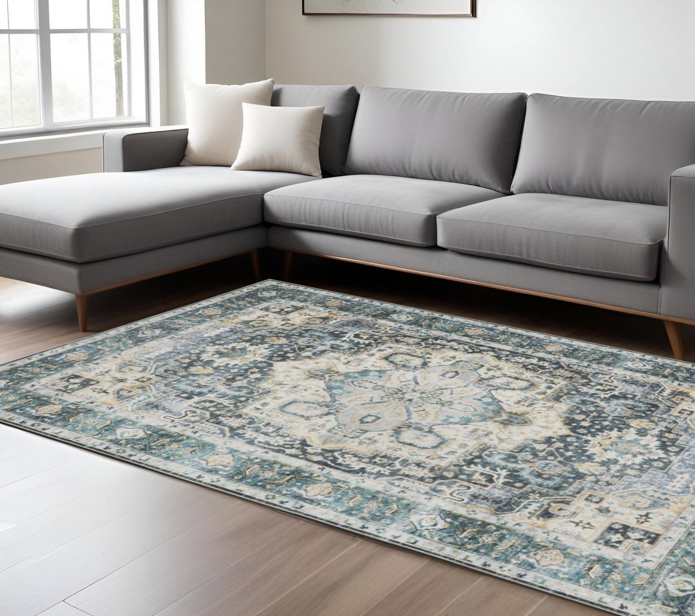 7' X 10' Blue and Ivory Oriental Non Skid Area Rug-510365-1