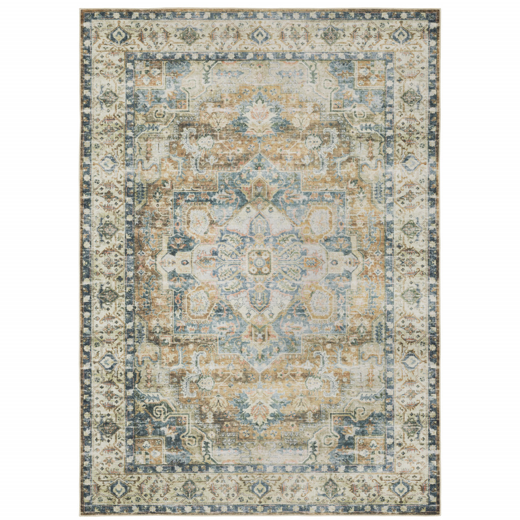 2" X 3" Blue And Gold Oriental Printed Non Skid Area Rug