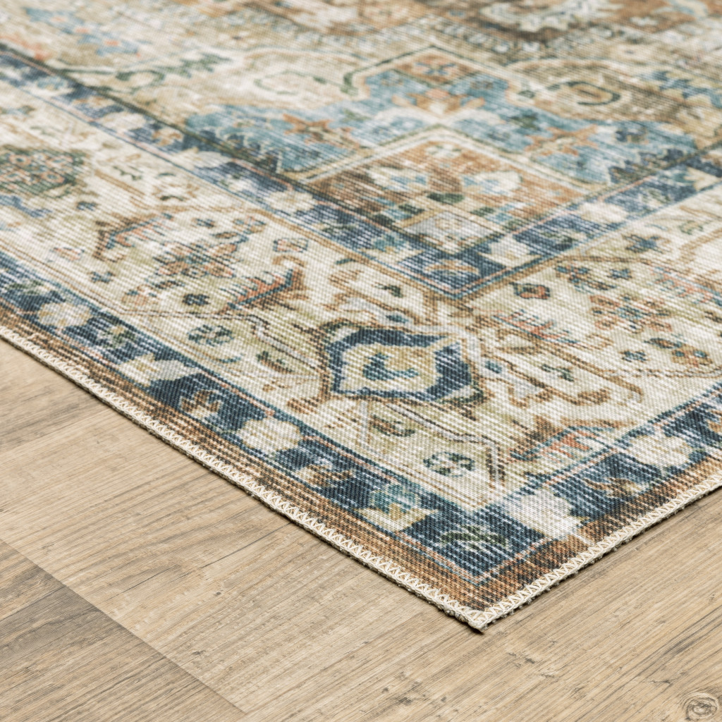 2" X 3" Blue And Gold Oriental Printed Non Skid Area Rug
